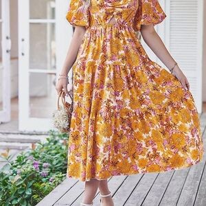 Chic Floral Midi Dress in Yellow and Pink